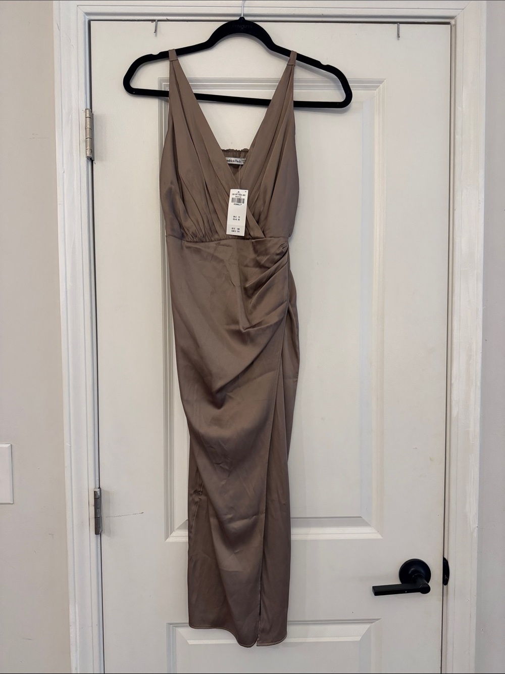 Abercrombie & Fitch Taupe Satin V-Neck Midi Dress